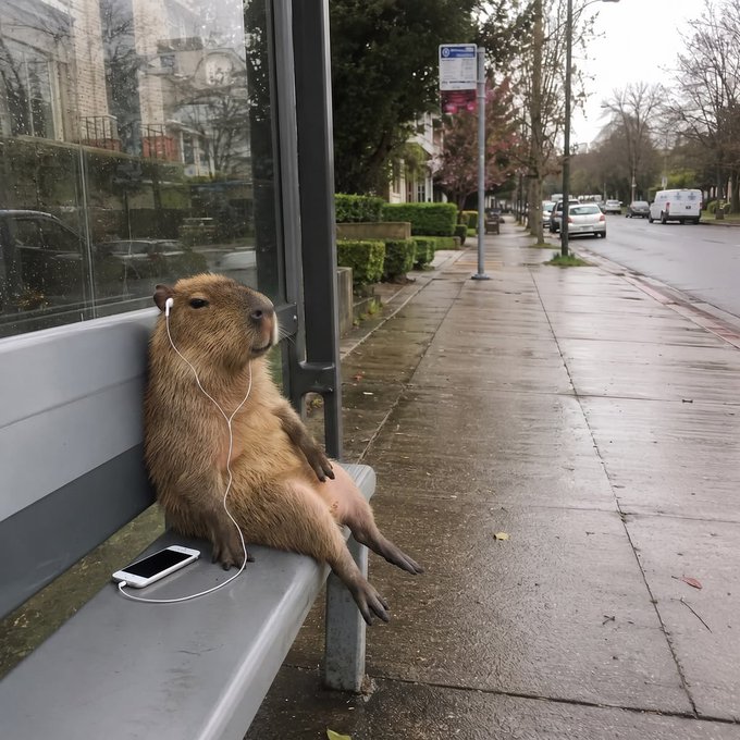 A capybara sits on a bus stop bench wearing earphones connected to a white smartphone, listening to music on a wet city sidewalk with parked cars and trees in the background.