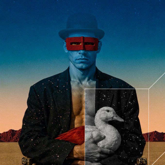 A surreal portrait shows a blue-skinned man in a bowler hat and dark blazer, wearing a red mask over his eyes while cradling a white duck encased in a glass box, set against a desert landscape at twilight. The accompanying "GN!" (goodnight) caption complements the serene, dreamlike atmosphere of the cosmic-toned artwork.