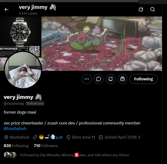 A Twitter profile for 'very jimmy' (@noshinejr) describing themselves as a 'former doge maxi' and 'zec price cheerleader / zcash core dev', with banner showing a ZC/USDC chart and header showing a BITMARINER Rolex ad.