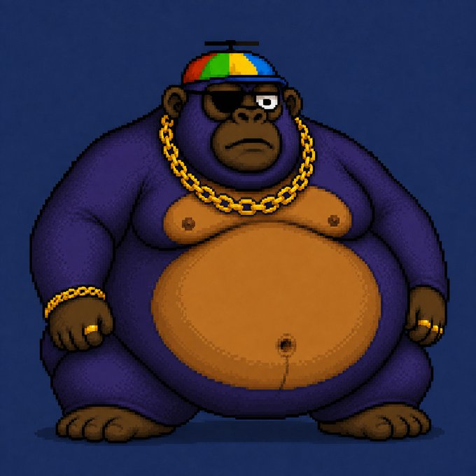 A digital illustration of a muscular gorilla character wearing a propeller beanie, sunglasses, a large gold chain, gold bracelet, and gold rings, set against a dark blue background.