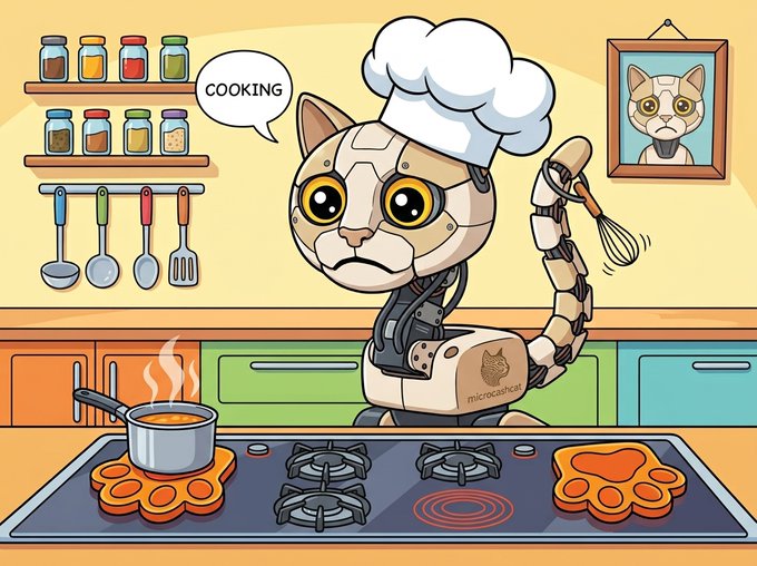 A cartoon illustration of a robotic cat chef wearing a tall chef's hat, whisking ingredients with its tail in a kitchen while saying "COOKING" in a speech bubble, with a framed picture of itself on the wall.