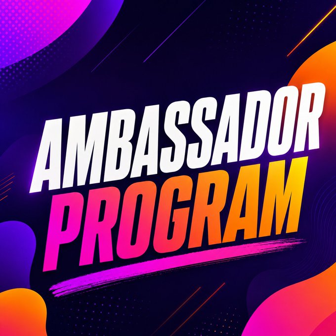 A colorful promotional graphic with purple and pink abstract shapes, featuring the text 'AMBASSADOR PROGRAM' in large white and orange-to-pink gradient letters.