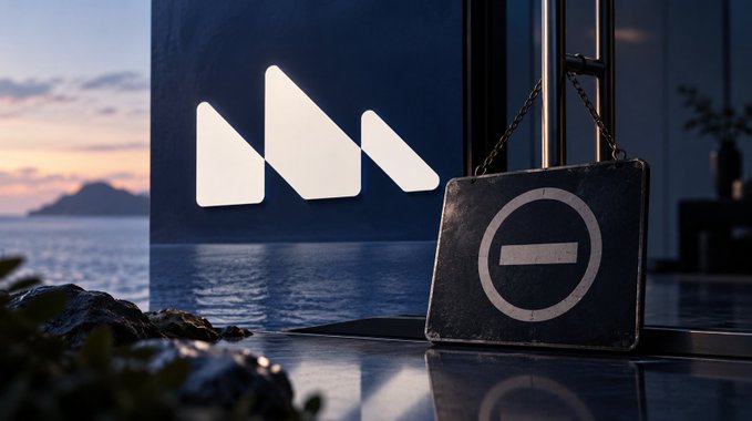 A stylized 3D render showing the Near Protocol logo reflected in water alongside a hanging sign displaying a 'no entry' symbol, set against a sunset coastal backdrop.