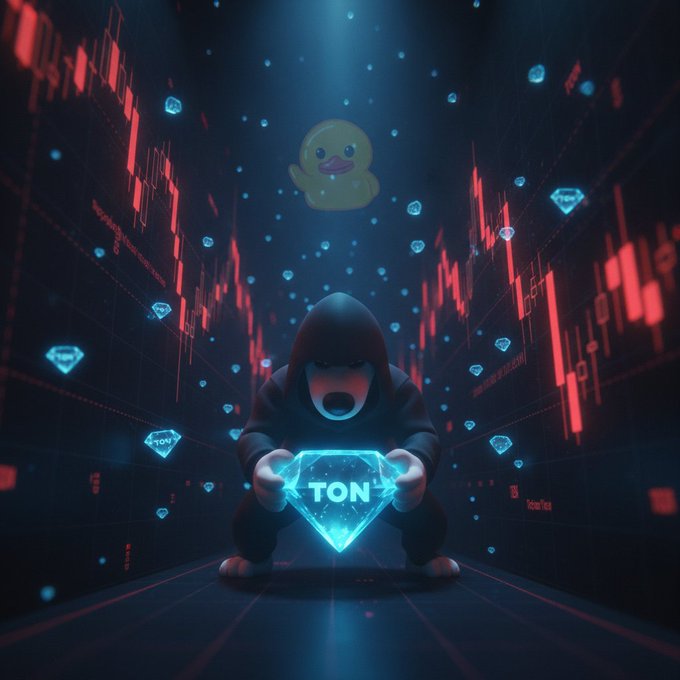 A hooded bear-like figure clutches a glowing blue diamond labeled "TON" amid falling red candlestick charts, while a small yellow duck emoji floats above, symbolizing the memecoin narrative. The image visually reinforces the post's message about the TON meme market appearing bearish—surrounded by plunging price candles and declining tokens like GRAM, UTYA, and REDO—yet the "TON" gem held tightly suggests underlying infrastructure strength remains intact despite narrative doubt.