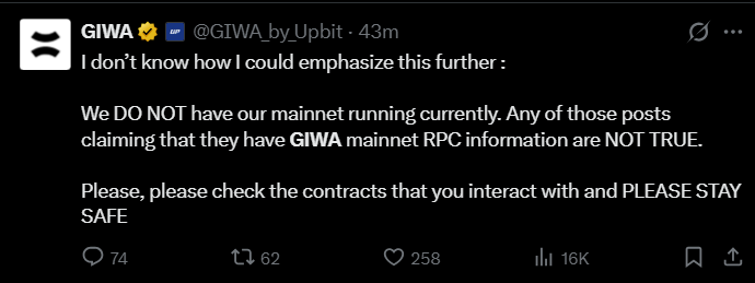 A screenshot of a tweet from GIWA (@GIWA_by_Upbit) warning users that they do not currently have their mainnet running and advising them to stay safe.