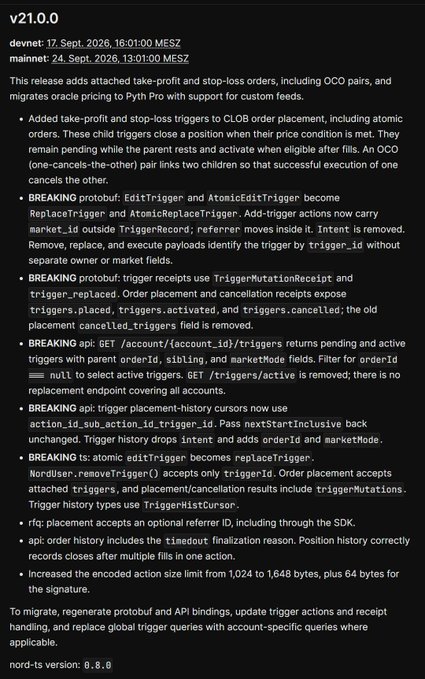 A changelog for devnet v21.0.0 dated Sept 17, 2026, detailing added take-profit and stop-loss triggers, GLOB order placement, and protocol-breaking API changes.