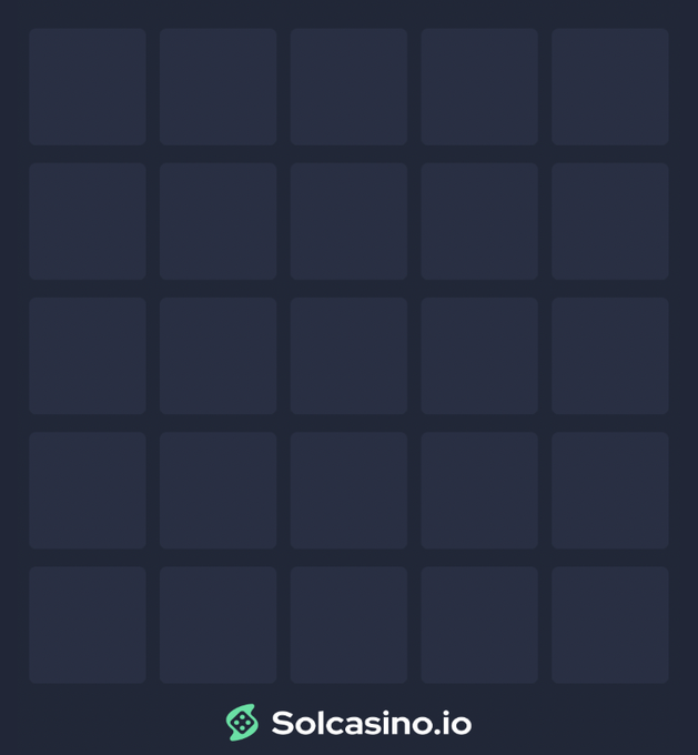 The image shows a 5x5 grid of dark navy blue empty squares with the "Solcasino.io" logo and branding at the bottom center. This serves as an empty slot machine-style game board where players would reveal gems, complementing the post's challenge of a 24:1 odds game with $100 at stake to "Find the Gem."