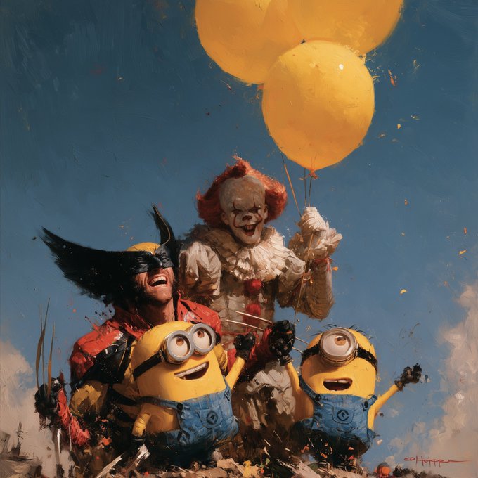 A vibrant, painterly artwork featuring Wolverine, Pennywise the clown holding yellow balloons, and two Minions, set against a bright blue sky.