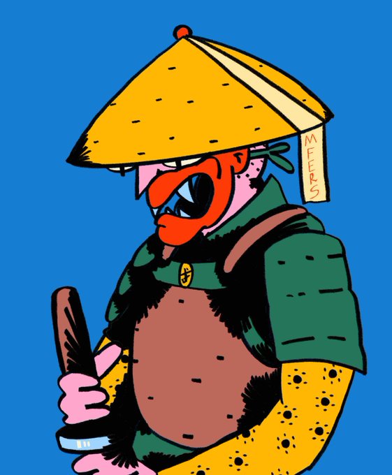 A cartoon character wearing a conical hat with a tag reading "MFERS" holds a sword, matching the "GMfers!" post—a playful mashup of "GM" (good morning) with the MFERS NFT collection, a popular crypto art project known for its distinctive cartoon character style.