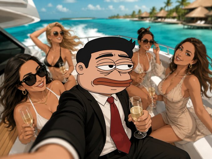 Animated cartoon-style image of a man in a suit taking a selfie on a yacht surrounded by women in bikinis, holding champagne glasses.