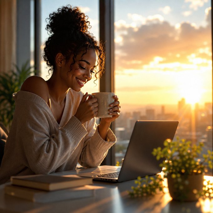 A smiling woman with curly hair in a bun, wearing an off-shoulder sweater, holds a mug while sitting at a desk with a laptop during a golden sunset.