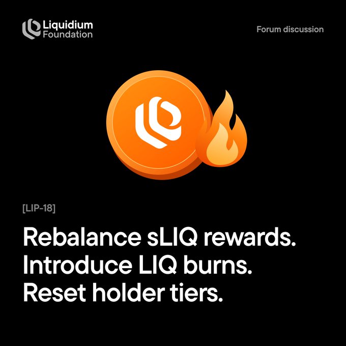 A promotional graphic for the Liquidium Foundation featuring a burning LIQ coin and text reading '[LIP-18] Rebalance sLIQ rewards. Introduce LIQ burns. Reset holder tiers.'