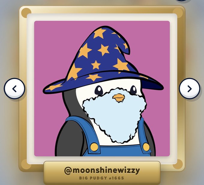 A digital trading card featuring a penguin character wearing a blue wizard hat with yellow stars, labeled '@moonshinewizzy' and 'BIG PUDGY #1665'.