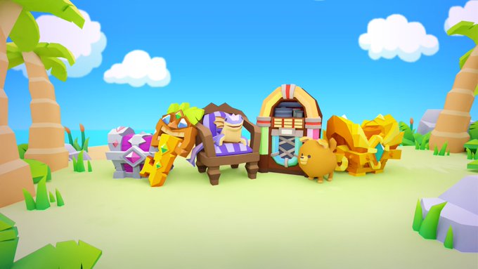 The image features a cartoon scene with a beach setting, palm trees, and various objects such as chairs and a chest of drawers. The main focus of the image is a brown chest of drawers placed near some chairs. There are also other chairs scattered around the scene. In addition to these elements, there are two birds in the image - one on top of the chest of drawers and another flying above it.