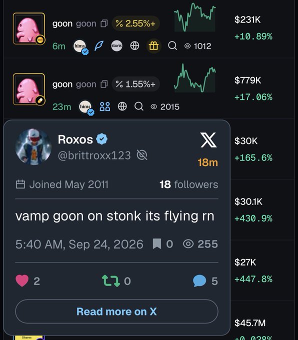 The image shows low-effort memecoin tickers (GOON with a pink profile pic) generating massive market caps ($231K-$779K) alongside a tweet by "Roxys @brittroxx123" reading "vamp goon on stonk its flying rn" — exemplifying the lazy naming and copy-paste shilling the post critiques as creativity going extinct in crypto.