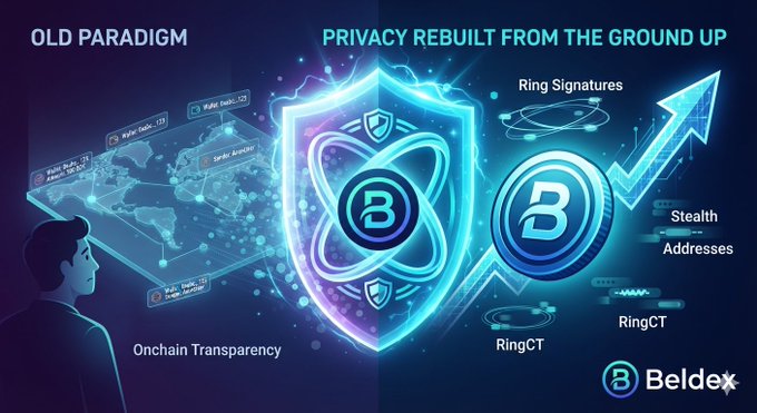 A promotional graphic titled 'OLD PARADIGM vs PRIVACY REBUILT FROM THE GROUND UP' for Beldex cryptocurrency, highlighting features like Onchain Transparency, Ring Signatures, RingCT, and Stealth Addresses.