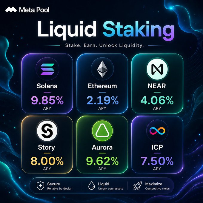 The image shows a poster with six squares containing logos of different cryptocurrencies such as Bitcoin, Etherium, Near, ICP, Solana, and Aurora. The text above each square provides information about the cryptocurrency or its features. The poster also includes a list of APYs (Annual Percentage Yield) for these cryptocurrencies, along with details on how to stake, earn, and lock liquidity.