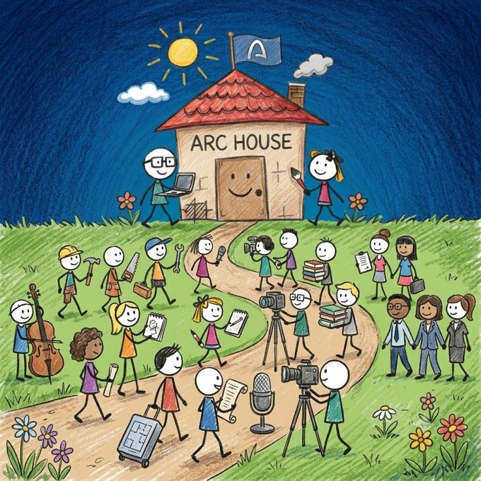 A whimsical chalk-style illustration shows "ARC HOUSE" as a friendly house with a smiling door, where two stick-figure architects greet a crowd of diverse people carrying tools, instruments, cameras, books, and luggage along a winding path—visually representing the Arc House community of builders, creators, and holders being welcomed in. The "ARC HOUSE" text on the building and the architects with laptops reinforce the post's emphasis on the project's founders, team, and its intuitive website for viewing token-holding addresses.