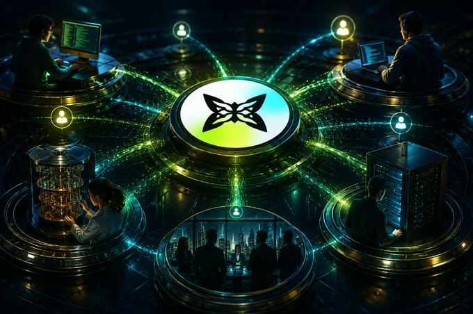 A digital illustration showing a central glowing butterfly logo connected to multiple circular platforms where people are working on computers, servers, and technical equipment.