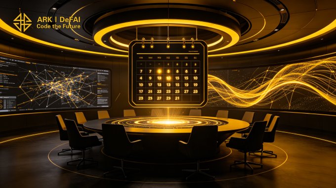 A futuristic dark command center bathed in golden light features a glowing calendar interface as the central focal point, surrounded by a sleek round conference table, chairs, and digital network visualizations on wall displays, with the "ARK | DeFAI" logo and tagline "Code the Future" in the upper left corner—visually reinforcing the post's message about Arkie AI App bringing structured rhythm and timeline-based organization to Web3 activities.