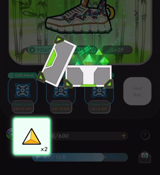 The image shows a cell phone screen with an icon of a shoe in the top left corner, and a button labeled "X2" that says "Stepn #stepngo" near the bottom center of the screen. The text on the screen is not fully visible but indicates there are some settings or options to consider for the user's preferences.