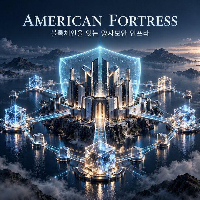 A digital art poster titled 'AMERICAN FORTRESS 블록체인을 있는 양자보안 인프라' (Quantum-secure infrastructure with blockchain), depicting a futuristic fortress with glowing cube structures on a watery landscape.
