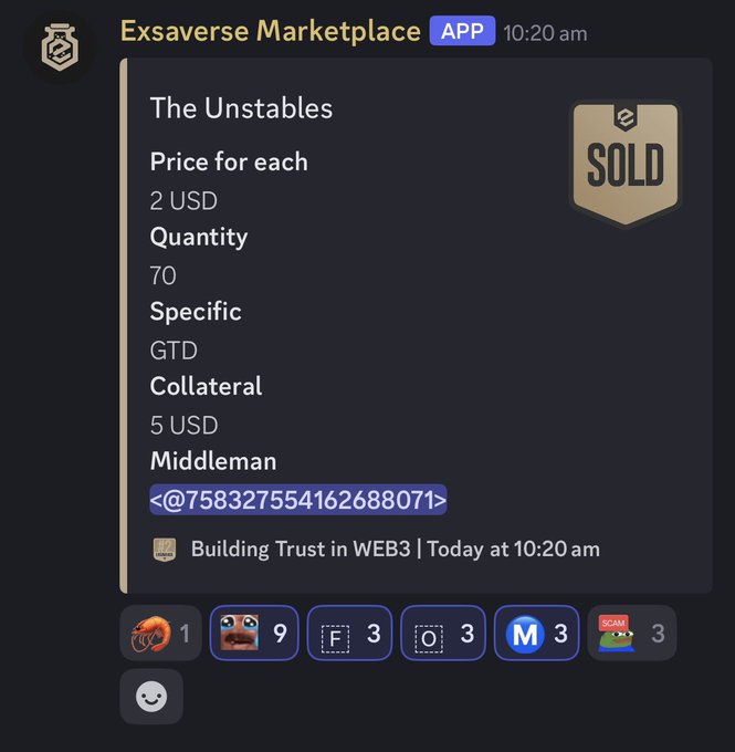 A Discord message from Exsaverse Marketplace shows a listing for "The Unstables" priced at 2 USD each with a quantity of 70, totaling $140, which was marked SOLD, supporting the post's note about the GTD purchase.
