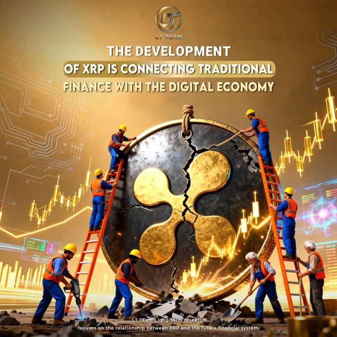 Construction workers in hard hats and safety gear use ladders and tools to repair a large cracked XRP coin surrounded by stock charts, with the text "THE DEVELOPMENT OF XRP IS CONNECTING TRADITIONAL FINANCE WITH THE DIGITAL ECONOMY" displayed at the top alongside the "LT TEAM" logo.