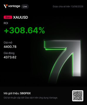 A Vantage promotional graphic showing gold (XAUUSD) live prices with a +308.64% ROI, showing reference code S6GFEX and a price of 4400.78/4373.62.