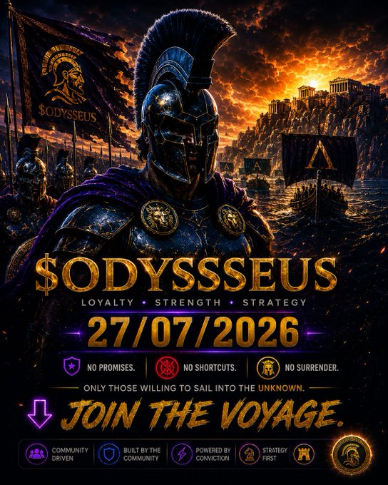 Another duplicate of the '$ODYSSSEUS' promotional poster dated 27/07/2026, featuring a Spartan warrior, with the tagline 'JOIN THE VOYAGE' and the same principles of loyalty, strength, and strategy.