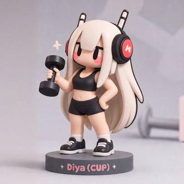 The image features a figurine of a girl with blonde hair, wearing black shorts and holding two dumbbells while standing upright. The figurine has the name "Diva" written on it. The background of the image consists of a gray wall, which contrasts nicely with the white text that reads "@dappOS_com @xBubble_ai @CheersUP_NFT CUP".