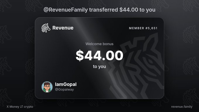 A notification screen from Revenue showing a $44.00 welcome bonus transferred from @RevenueFamily to user IamGopal (@Gopalway).