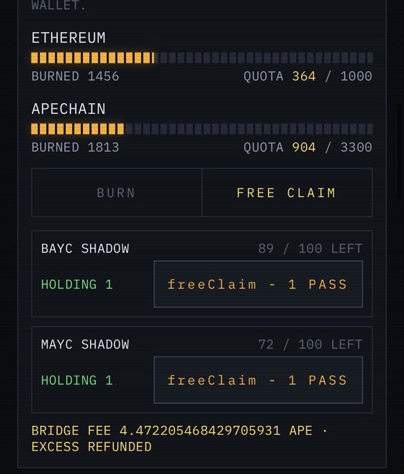 A dark-themed crypto/NFT dashboard displaying Ethereum and ApeChain wallet burn quotas (364/1000 and 904/3300), BAYC Shadow and MAYC Shadow freeClaim passes available (89/100 and 72/100 left), with a bridge fee of 4.472... APE.