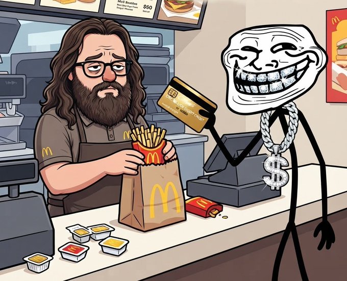 A cartoon drawing of a disheveled man at a McDonald's counter handing over a McDonald's bag and a credit card to a grinning Trollface meme character wearing a dollar sign chain.