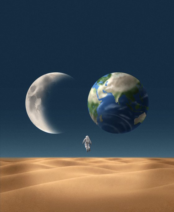 An astronaut floats in a surreal desert landscape beneath a crescent moon and Earth, evoking a sense of cosmic isolation and being "lost" in the vastness of space, mirroring the theme suggested by the username 0xjosei.