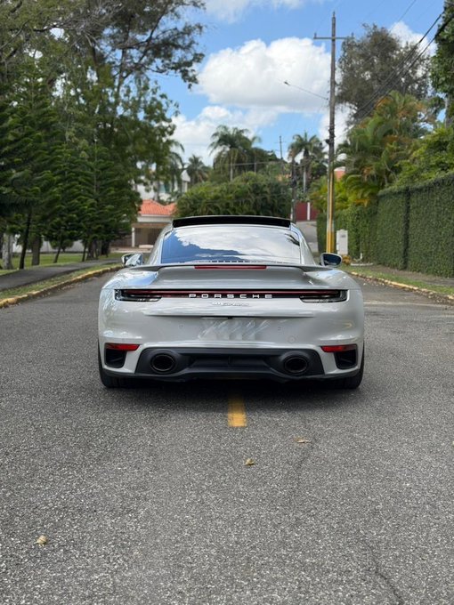 The rear view of a white Porsche 911 GT3 parked on a residential street lined with tropical trees and hedges.