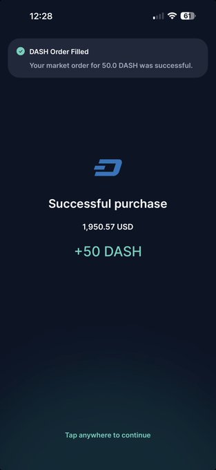 The image shows a phone screen displaying a message about a successful purchase of 1,957 US dollars using Dash. The text indicates that the payment was processed successfully and that there are two more 50 dash transactions remaining for this order.