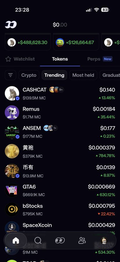 A phone screenshot of a meme coin trading app showing the "Trending" tokens tab, displaying crypto assets like CASHCAT ($0.140), Remus ($0.00184), and ANSEM ($0.177) with various market caps and percentage changes. The image appears unrelated to the accompanying post about $BLINK, which is not visible among the listed trending tokens.