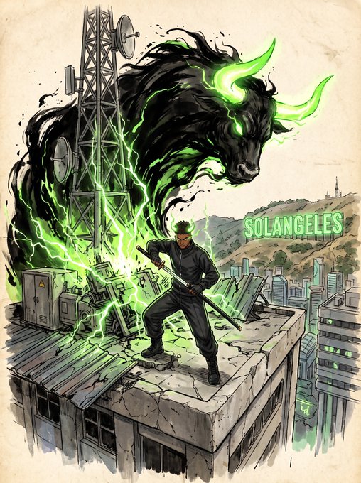 A masked figure stands on a crumbling rooftop in "SOLANGELES," wielding a glowing green energy blade, while a massive, spectral black bull with luminous green horns and eyes rises behind him amid electric green lightning crackling from a communications tower. The artwork's bold, comic-style illustration of shadowy power and supernatural confrontation captures the dark, crypto-inspired aesthetic tied to the $ANSEM art collection.