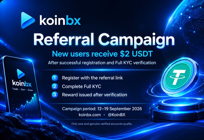 Koinbx Referral Campaign advertisement offering new users $2 USDT after registration and KYC verification, with campaign period 12-19 September 2026.