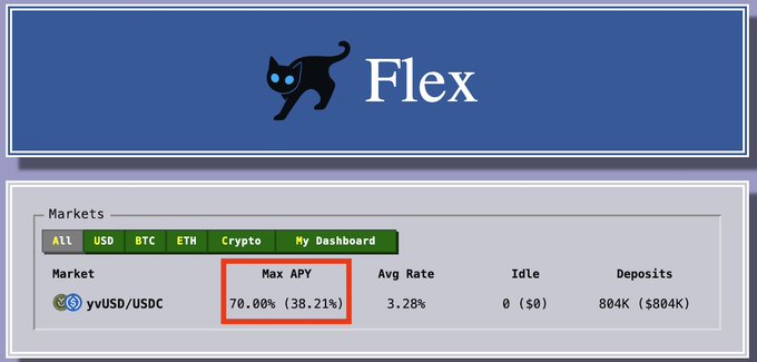 In this image of a screenshot, there is a blue banner with white text that reads "Flex". Below this, there is a table listing prices for cryptocurrency markets. The main information displayed includes the maximum APY (annual percentage yield) at 38% and the average rate (3.26). Additionally, there are two other cryptocurrencies: Bitcoin Cash (BTC-ASH) priced at 0.32, and Etherium (ETH-USDC) priced at 0.43. A small image of a cat is also present in the screenshot.
