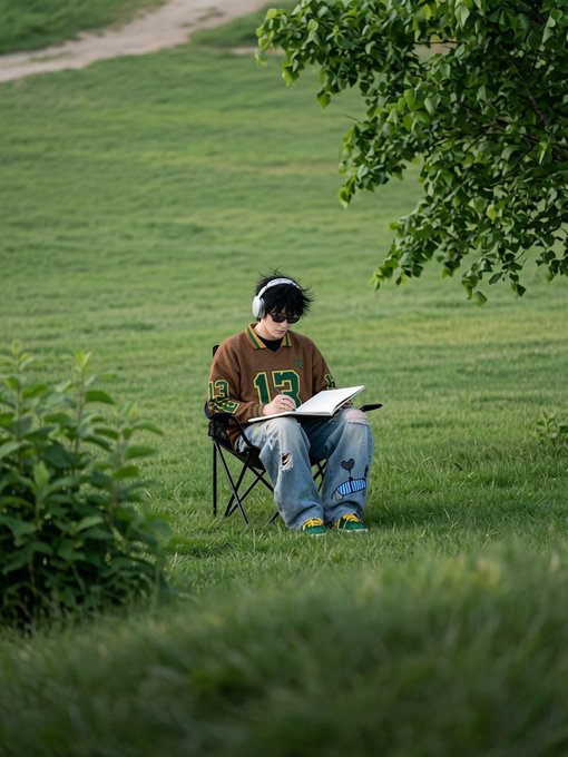 A young man wearing headphones and a brown jersey with the number 15 sits in a folding chair on a grassy hillside, sketching in a notebook under a leafy tree.