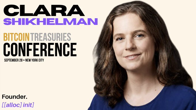 A promotional graphic for the Bitcoin Treasuries Conference on September 28 in New York City, featuring a photo of Clara Shikhelman, Founder of [[alloc] init].