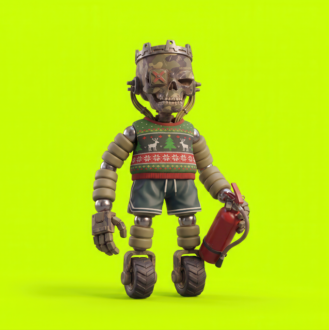 A robotic figure with a skull head, crown, and camo faceplate wears a festive Christmas sweater featuring reindeer and trees, paired with athletic shorts while holding a red fire extinguisher, standing on tank-like wheels against a bright green background. The image represents the NFT "WIF Outlaws #1186" from the RobinWifHat ecosystem on Robinhood Chain, blending outlaw robot aesthetics with playful holiday imagery to reflect the collection's quirky, rebellious branding.