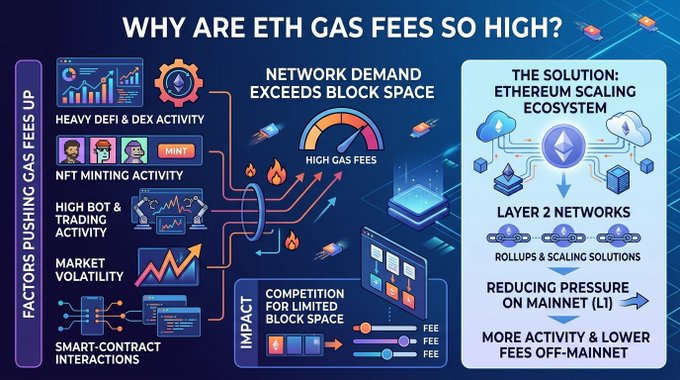 An infographic titled 'WHY ARE ETH GAS FEES SO HIGH?' explaining factors pushing gas fees up (DeFi activity, NFT minting, trading bots, market volatility, smart contracts), their impact, and the solution through Ethereum's Layer 2 scaling ecosystem.