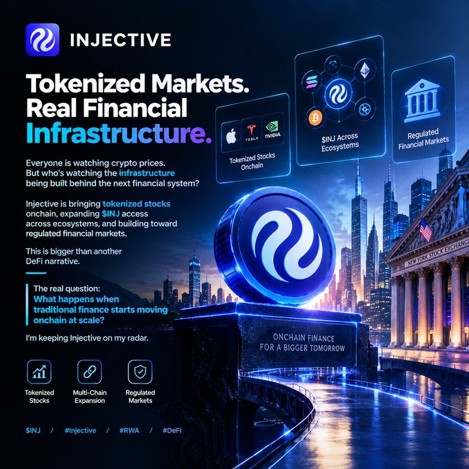 An Injective cryptocurrency promotional poster advertises 'Tokenized Markets. Real Financial Infrastructure,' featuring logos for tokenized stocks (Apple, Tesla, NVIDIA), $INJ across ecosystems, regulated financial markets, and tags #Injective, #RWA, #DeFi.