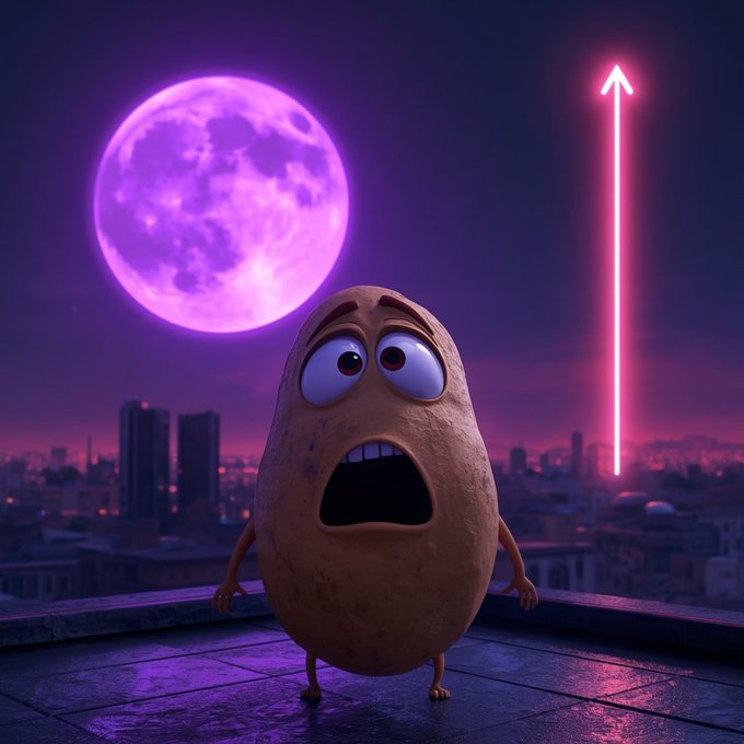 A 3D animated potato character stands on a rooftop with a shocked expression, set against a city skyline, a large purple moon, and a glowing pink neon arrow pointing skyward.