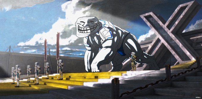 An animated scene from Attack on Titan-style anime depicting a giant trollface-like figure in white and blue armor towering over small soldiers on a yellow staircase.