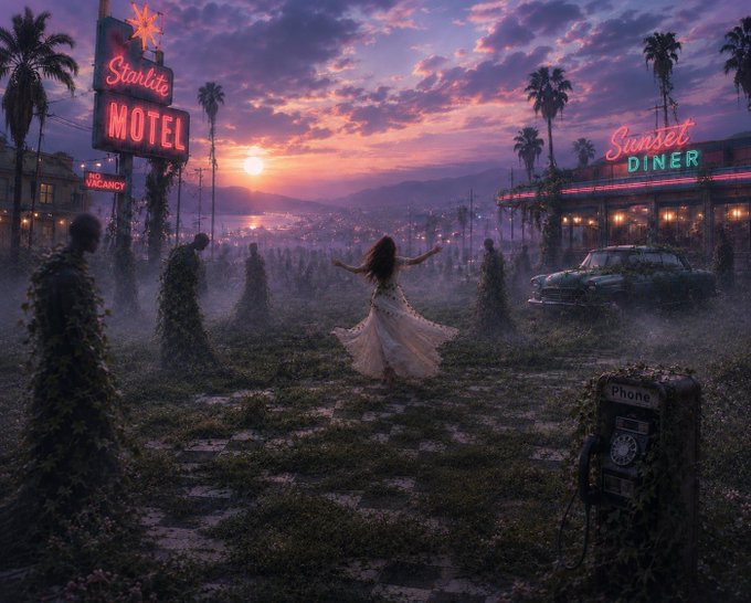 A moody, atmospheric image showing a woman in a flowing white dress with arms outstretched in a desolate landscape, with a neon 'Starlite MOTEL' sign on the left and 'Sunset DINER' on the right, under a purple sunset sky with palm trees and an overgrown payphone.