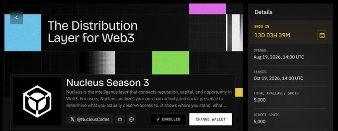 A screenshot of the "The Distribution Layer for Web3" platform showing Nucleus Season 3 enrollment details, including a 13D 03H 39M countdown, 5,000 total available spots, and an enrolled status—contextualizing the user's question about how frequently they need to post to maintain their Contribution score in the Nucleus reputation system.